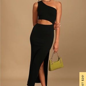 Lulus Spice Things Up Black Ribbed One-Shoulder Cutout Midi Dress